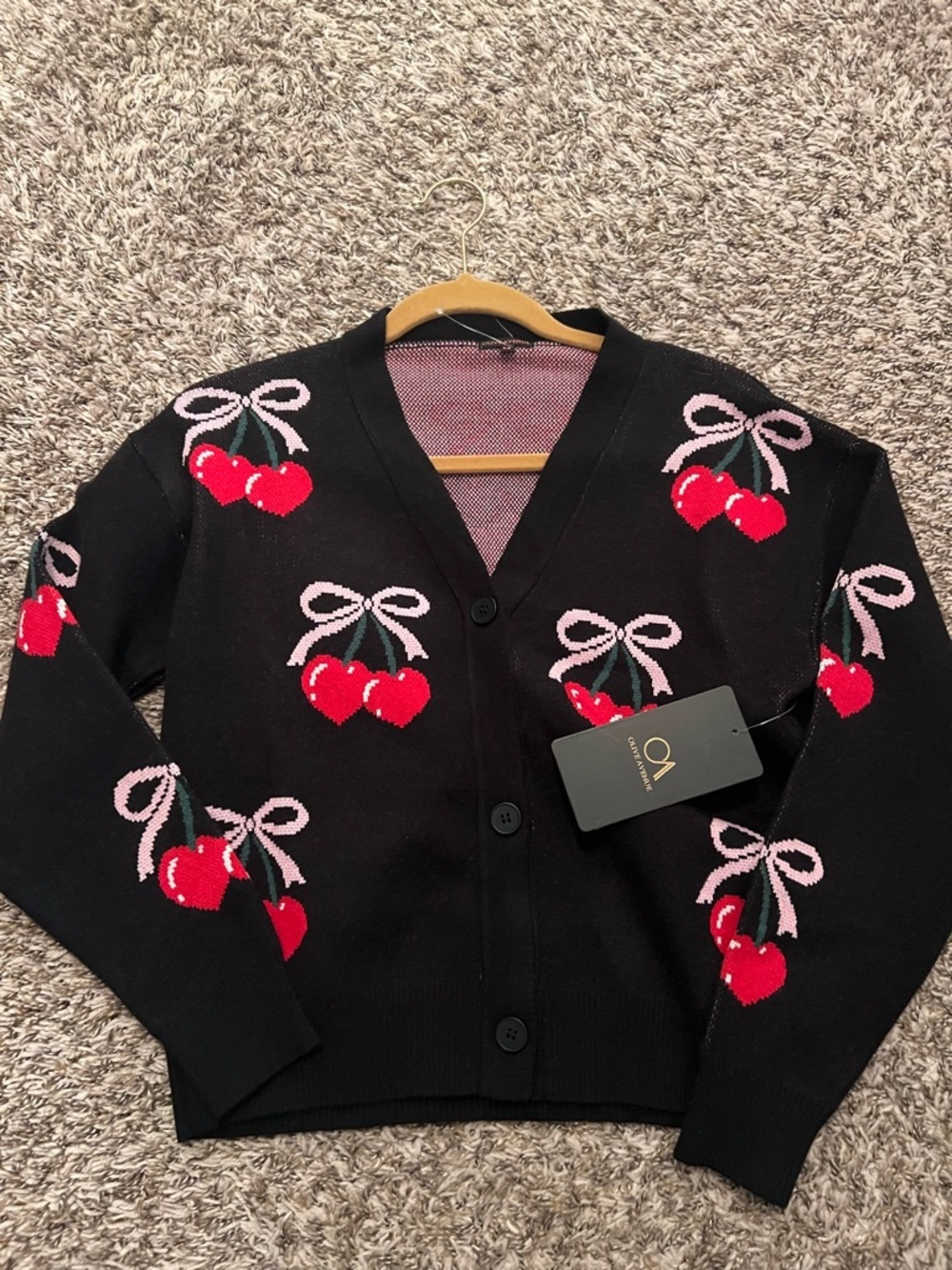 Black Cherry-Pattern V-Neck Button Cardigan